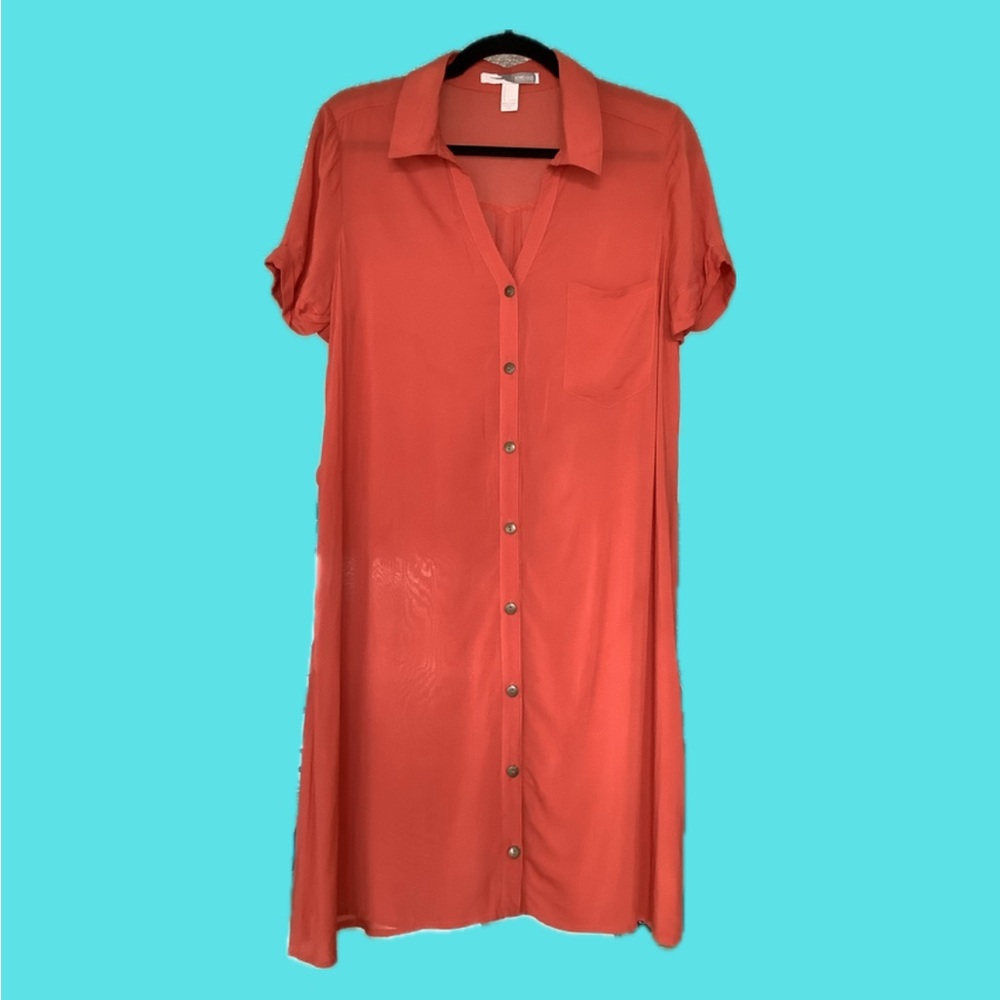 Coral Button-Down Shirt Dress